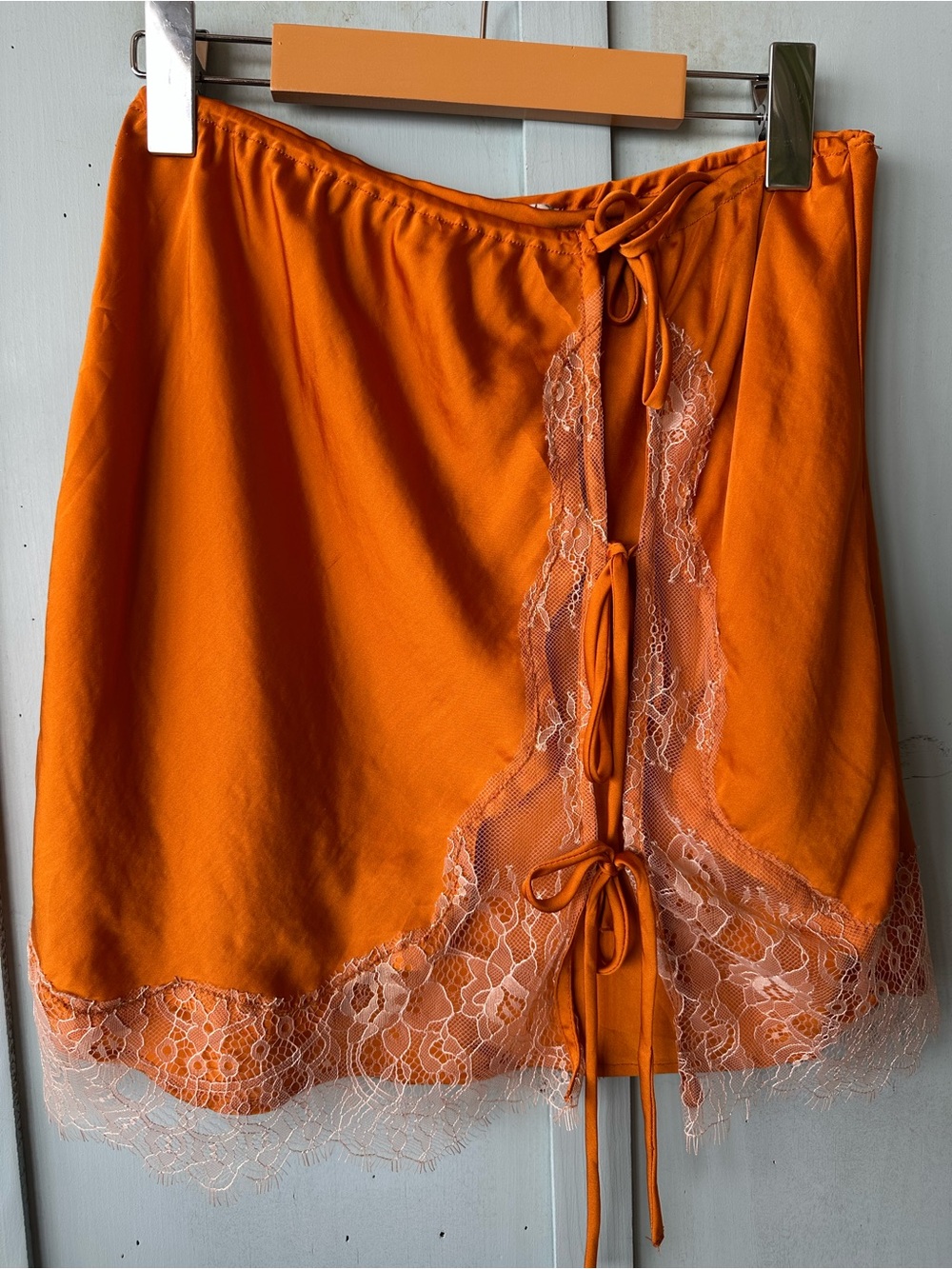Free People Bright Orange Satin Slip Skirt Double Lined Bohemian Lace Tie - Picture 4 of 8